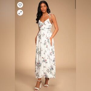 Lulu’s Meadow Flowers White Multi Floral Print Tie-Strap Maxi Dress
